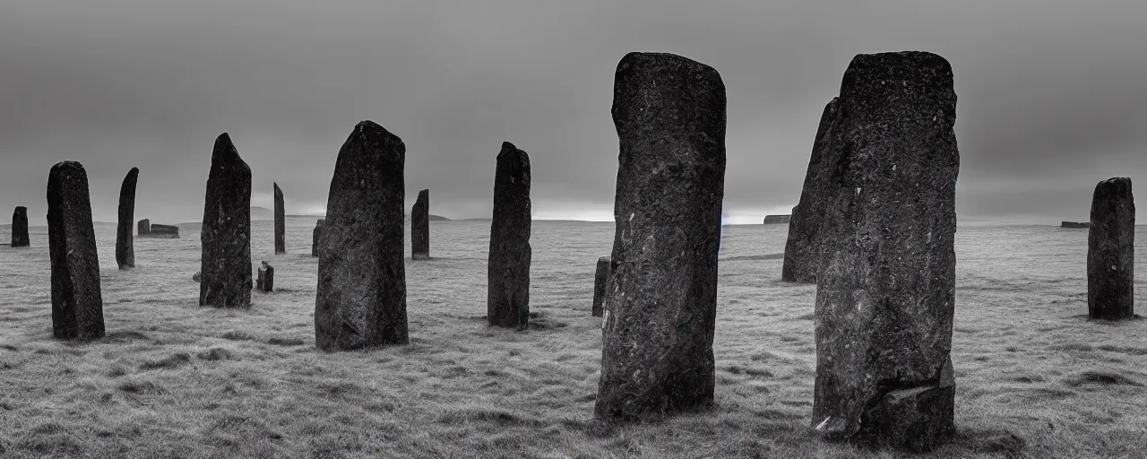 Image similar to The grim reaper stands stands among the neolithic standing stones of stenness, black and white, fog, grainy, snow, clouds