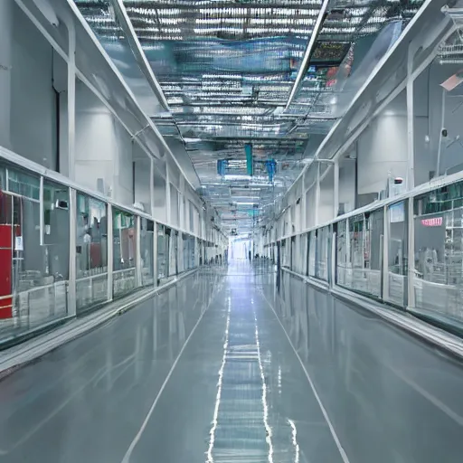 Prompt: inside of a translucent hyperfuturistic factory walkway, clean, sterile, with a work table