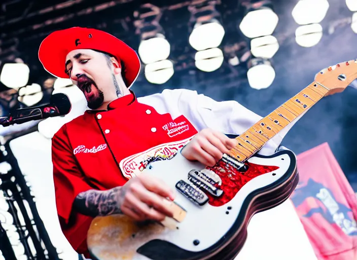 Image similar to photo still of chef boyardee on stage at vans warped tour!!!!!!!! at age 3 3 years old 3 3 years of age!!!!!!!! shredding on guitar, 8 k, 8 5 mm f 1. 8, studio lighting, rim light, right side key light