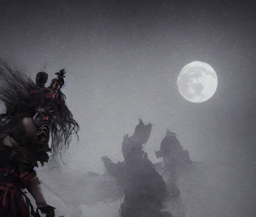 Image similar to a samurai haunted by ghosts full moon on background , gloomy and foggy atmosphere, octane render, artstation trending, horror scene, highly detailded