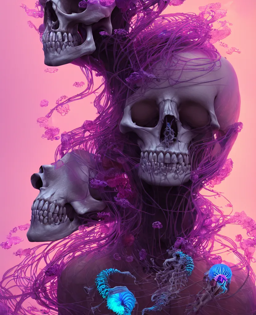 Image similar to goddess close - up portrait human skeleton, ram skull, jellyfish, orchid, betta fish, bioluminiscent, intricate artwork by tooth wu and wlop and beeple. octane render, trending on artstation, greg rutkowski very coherent symmetrical artwork. cinematic, hyper realism, high detail, octane render, 8 k