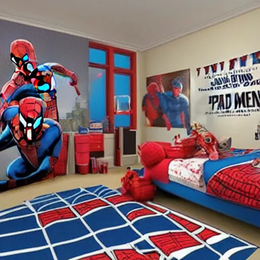 Image similar to room of spiderman fans, is mess, bedroom, chair, teenager room, wide shot