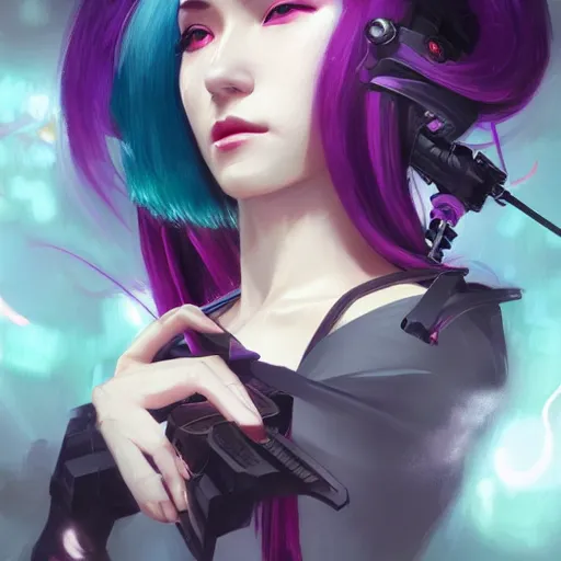 Image similar to a beautiful portrait of hatsune miku with long black and deep red colored hair and one purple colored cyborg eye, dressed a netrunner from shadowrun, intricate, elegant, highly detailed, digital painting, artstation, concept art, matte, sharp focus, illustration, art by greg rutkowski and alphonse mucha