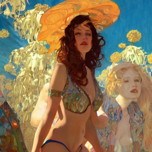 Image similar to Ashley Alban drawn by Robert McGinnis and Julie Bell and Zeronis and alphonse mucha, background by James Jean and gustav klimt, 4k, sunny day, volumetric lighting, french nouveau, trending on artstation, octane render, hyperrealistic