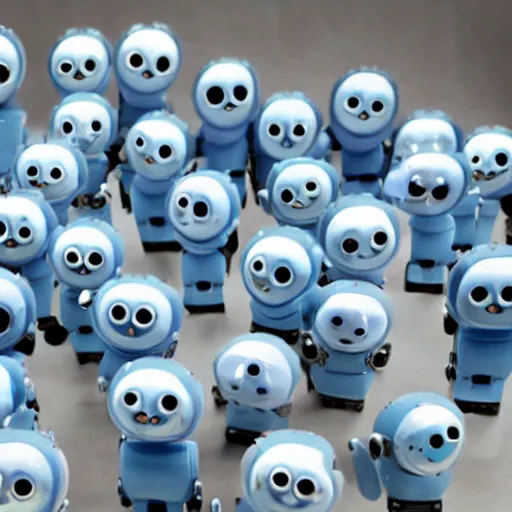 Prompt: 24 small blue robots with cute smiling faces and bright white eyes looking at the camera