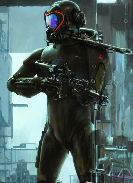 Image similar to Vernon. USN blackops operator infiltrating oil rig. Operator wearing Futuristic cyberpunk tactical wetsuit. Frogtrooper. rb6s, MGS, and splinter cell Concept art by James Gurney, greg rutkowski, and Alphonso Mucha. Vivid color scheme.