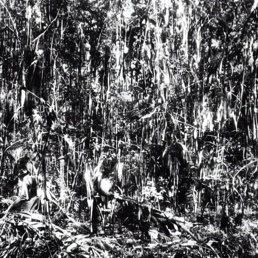 Image similar to a lost film footage from an object used by an indigenous tribe in the tropical forest, film still, cinematic, out of focus, enhanced, 1 9 2 0 s, black and white, grain