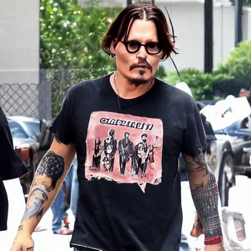 Image similar to johnny depp with a cool t - shirt that says comicsgate