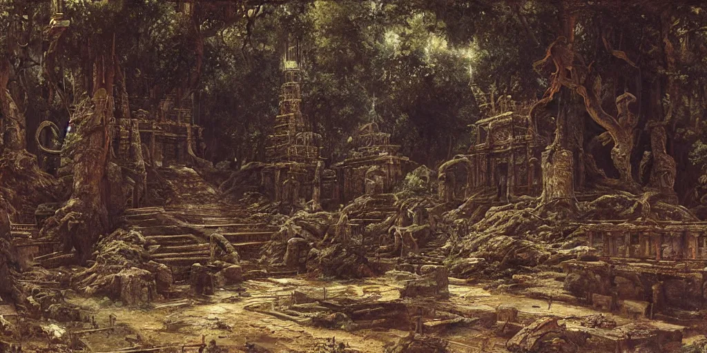 Prompt: a alien lost temple, by ivan shishkin, by james gurney, detailed, atmospheric, 8 k