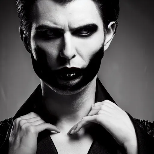 Image similar to a vampire, male, late - 4 0 s aged, long, slicked black hair, clean shaven, wearing a cape, regal, royal, grim facial expression, high fantasy, cinematic shot, red and black colors, full body shot.