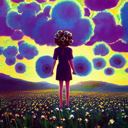 Image similar to girl with a giant daisy head, surreal photography, flower field, sunset dramatic light, impressionist painting, colorful clouds, blue sky, digital painting, artstation, simon stalenhag
