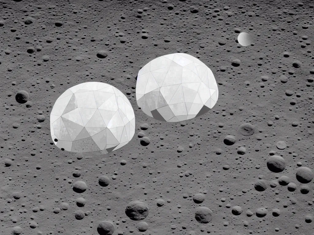 Image similar to lunar landscape with high-tech white moon base, geodesic domes, pipes