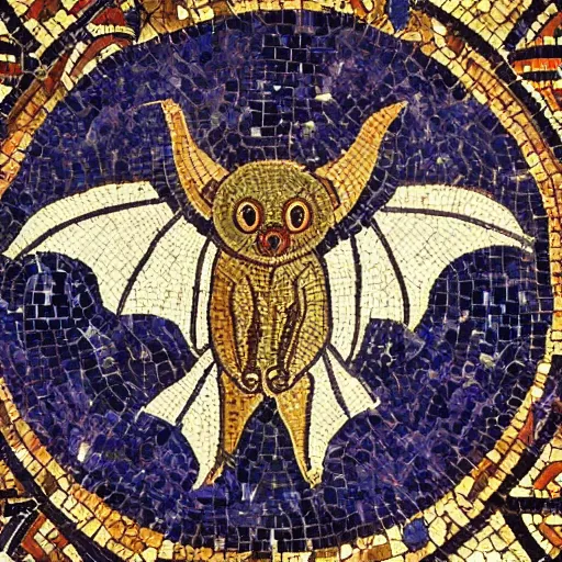 Prompt: medium shot Mosaic depicting a cute realistic adorable vampire bat, realistic wings, looking left, round blue background, from Italica, AD 176-275. Archaeological Museum, Seville. Byzantine mosaics, highly detailed, HQ, HD, beautiful, National Geographic,