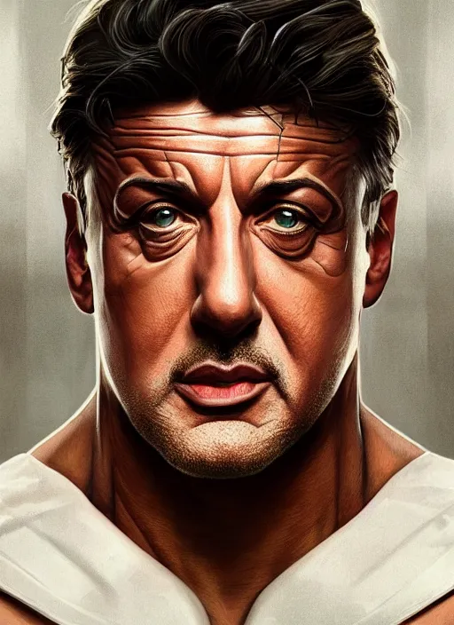 Image similar to symmetry!! silvester stallone, machine parts embedded into face, intricate, elegant, highly detailed, digital painting, artstation, concept art, smooth, sharp focus, illustration, art by artgerm and greg rutkowski and alphonse mucha, 8 k