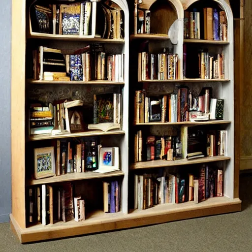 Image similar to enchanted bookshelves, in the style of colin thompson, highly detailed, playful fantasy