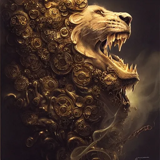 Image similar to a beautiful detailed 3 d matte portrait of a smoke lion, by ellen jewett, by tomasz alen kopera, by justin gerard, ominous, magical realism, texture, intricate, skull, skeleton, gold coins, money, whirling smoke, alchemist bottles, radiant colors, fantasy, volumetric lighting, high details