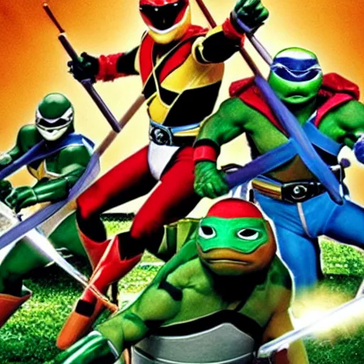 Image similar to power rangers fighting with teenage mutant ninja turtles