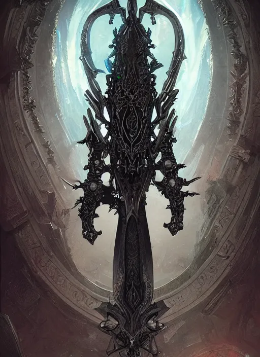 Image similar to legendary sword of technology, intricate black and iridescent blade, ornate gothic baroque spikes, glowing handle, detailed realistic, ray tracing, colored gems, art by greg rutkowski