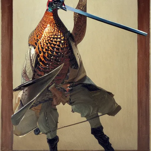 Image similar to a pheasant is girded with a belt, a sword hangs on the belt, by lily seika jones , rivuletpaper art, top cinematic lighting, cinematic mood, very detailed, shot in canon, by Viktor Vasnetsov, oil painting, harsh fairy tale, soft style, hyperrealism, beautiful, high resolution, trending on artstation, steps 50