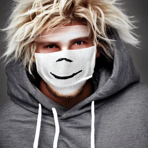 Image similar to professional digital art of a cute guy with blonde fluffy messy hair wearing a black face mask and a gray hoodie, high quality, HD, 8K, highly detailed, award-winning