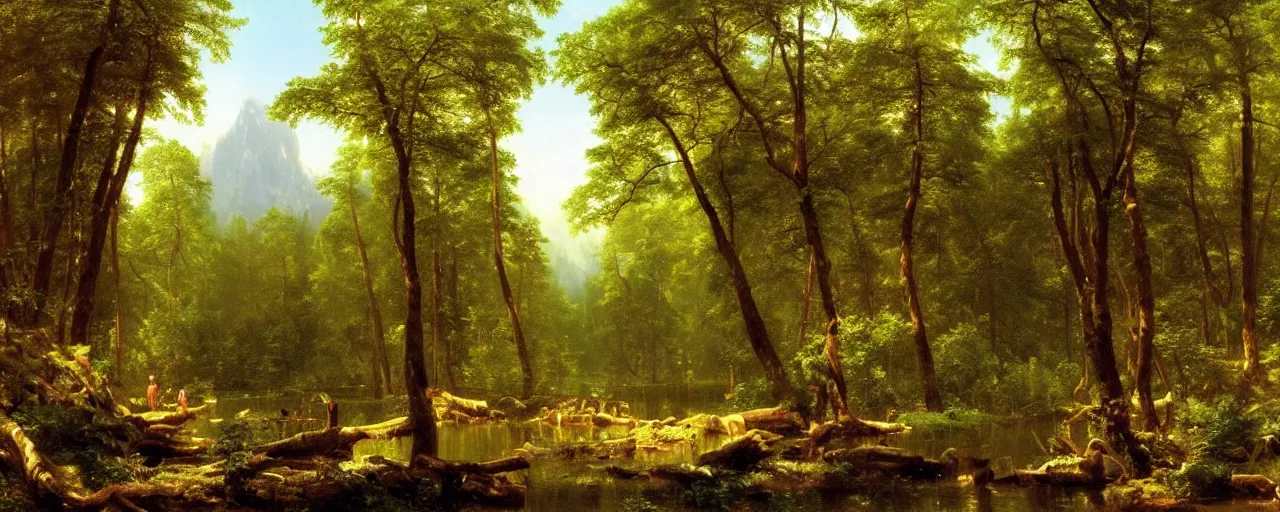 Image similar to beautiful forest scenery, painting by albert bierstadt and thomas cole