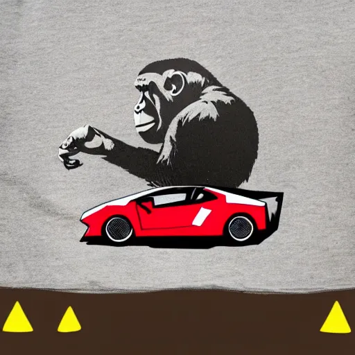 Prompt: a bored ape nft driving a lambo wearing a vintage 1 of 1 tee.