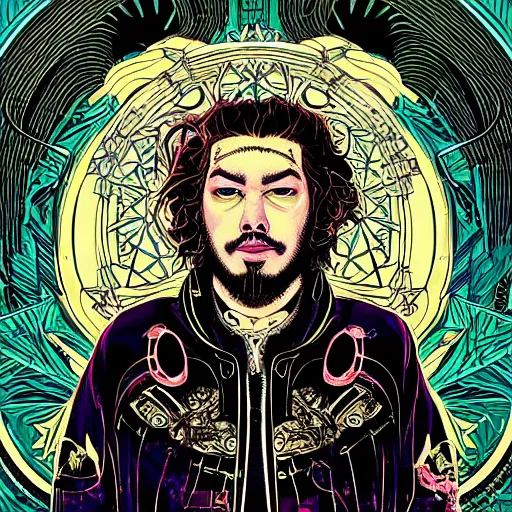 Image similar to portrait of post malone, symmetrical, glamour, by yoichi hatakenaka, masamune shirow, josan gonzales and dan mumford, ayami kojima, takato yamamoto, barclay shaw, karol bak, yukito kishiro