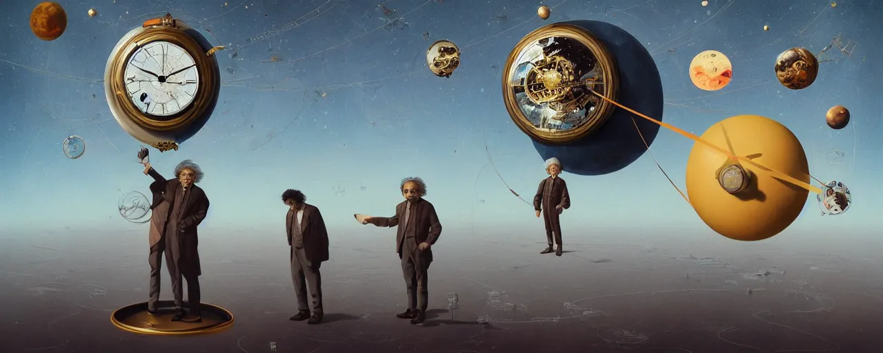 Image similar to duotone surrealist illustration 3 / 4 portrait of albert einstein measuring time on salvadore dali clock in outer space. golden ratio accidental renaissance. by sachin teng and sergey kolesov and ruan jia and heng z. graffiti art, scifi, fantasy, hyper detailed. octane render. concept art. trending on artstation