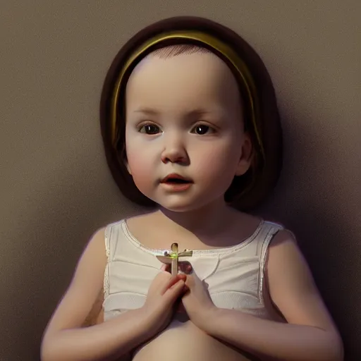 Image similar to portrait of a holy catholic baby, trending on art station, 4k UHD, 8k, painting illustration, realistic volumetric lighting, rendered in unreal engine, high detail, photorealistic