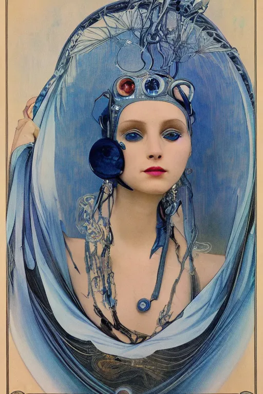 Prompt: beautiful portrait of a blue alien woman with 4 insect eyes, wearing an outfit made from plutonium, silicone skin, symmetrical face, by alphonso mucha, ear piercings resembling plasma jets, the 5 th element, cinematrographic, hyperrealism elegant, soft shapes, sharp details, 3 5 mm, f / 2 4, masterpiece