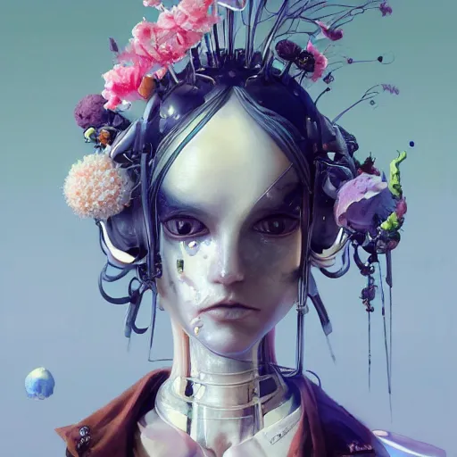 Prompt: surreal gouache painting, by yoshitaka amano, by ruan jia, by conrad roset, by good smile company, detailed anime 3 d render of a female mechanical android head with flowers growing out, portrait and white background, cgsociety, artstation, rococo mechanical costume and grand headpiece, dieselpunk atmosphere