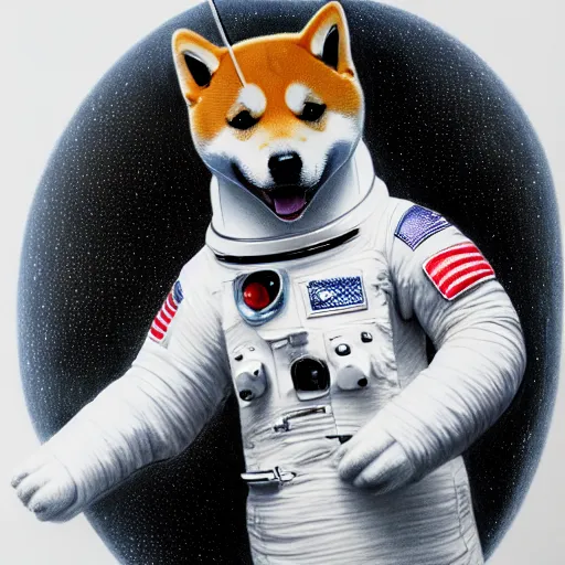 Image similar to a very detailed pencil drawing of a shiba inu in an astronaut suit in space 4 k, high resolution, still, landscape, hd, dslr, hyper realistic, sketch