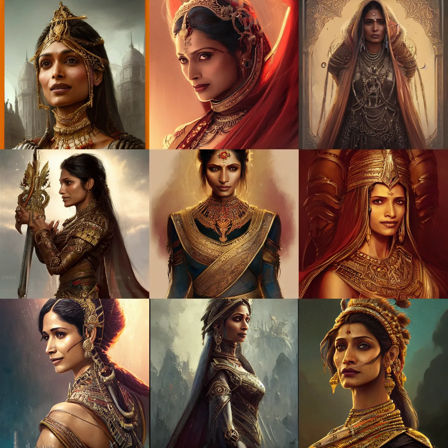 Prompt: indian empress, freida pinto, art by artgerm and greg rutkowski and magali villeneuve, intricate renaissance armor, portrait, highly detailed, headshot, intricate, elegant, digital painting, trending on artstation, concept art, sharp focus, illustration