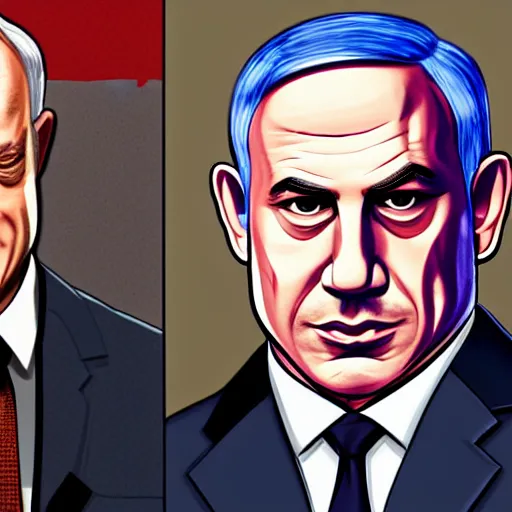 Prompt: Benjamin netanyahu as a GTA v character. GTA v loading screen illustration by martin ansin, matt bors