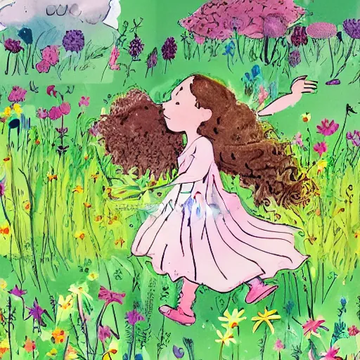 Prompt: a little girl with curly brown hair running through a field of flowers, children's book illustration by quentin blake