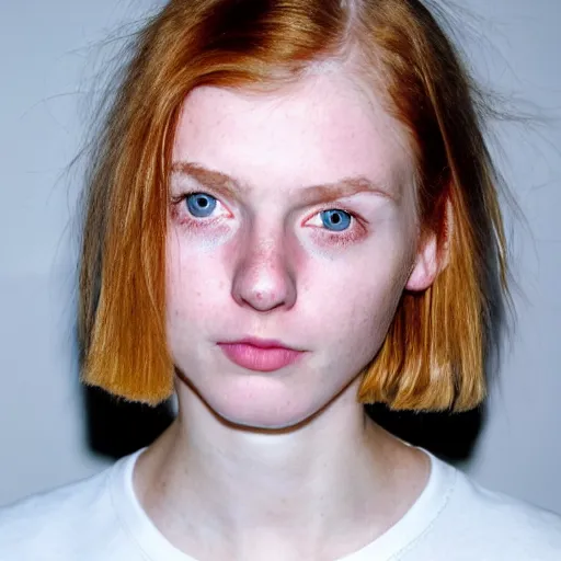 Prompt: an award winning close up portrait of face of cute 1 9 year old white woman with tired eyes, no makeup, strong jawline, skinny, short straight ginger hair in a bob style with no bangs, black t shirt, flash photography, photographed by terry richardson