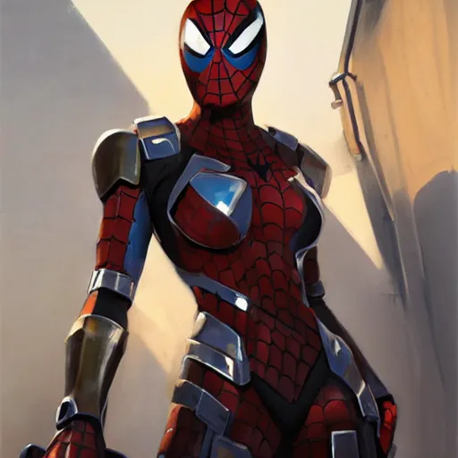 Image similar to greg manchess portrait painting of partially armored female iron spiderman as overwatch character, medium shot, asymmetrical, profile picture, organic painting, sunny day, matte painting, bold shapes, hard edges, street art, trending on artstation, by huang guangjian, gil elvgren, ruan jia, greg rutkowski, gaston bussiere