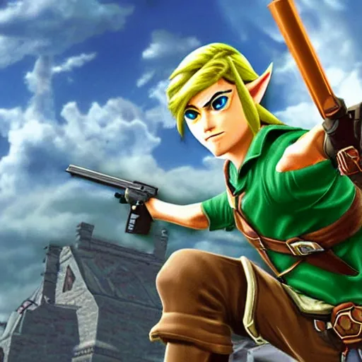 Image similar to link with a gun, ps 2 graphics