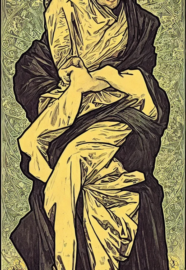 Image similar to Geoff Rickly on a tarot card, tarot major arcana in art style by Alphonse Mucha