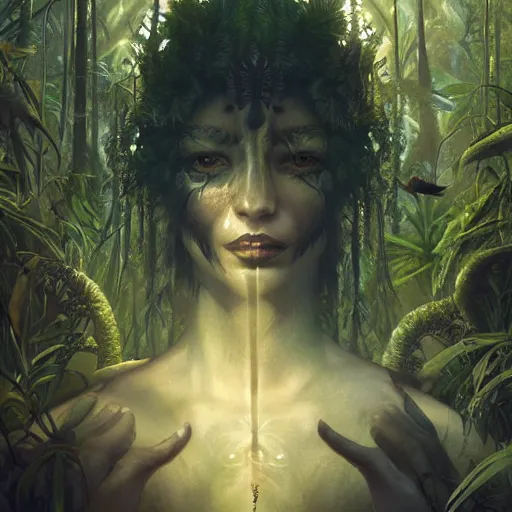 Image similar to a hyperrealistic illustration of a dark figure in a jungle, Jungle with fractal sunlight, award-winning, masterpiece, in the style of Tom Bagshaw, Cedric Peyravernay, Peter Mohrbacher