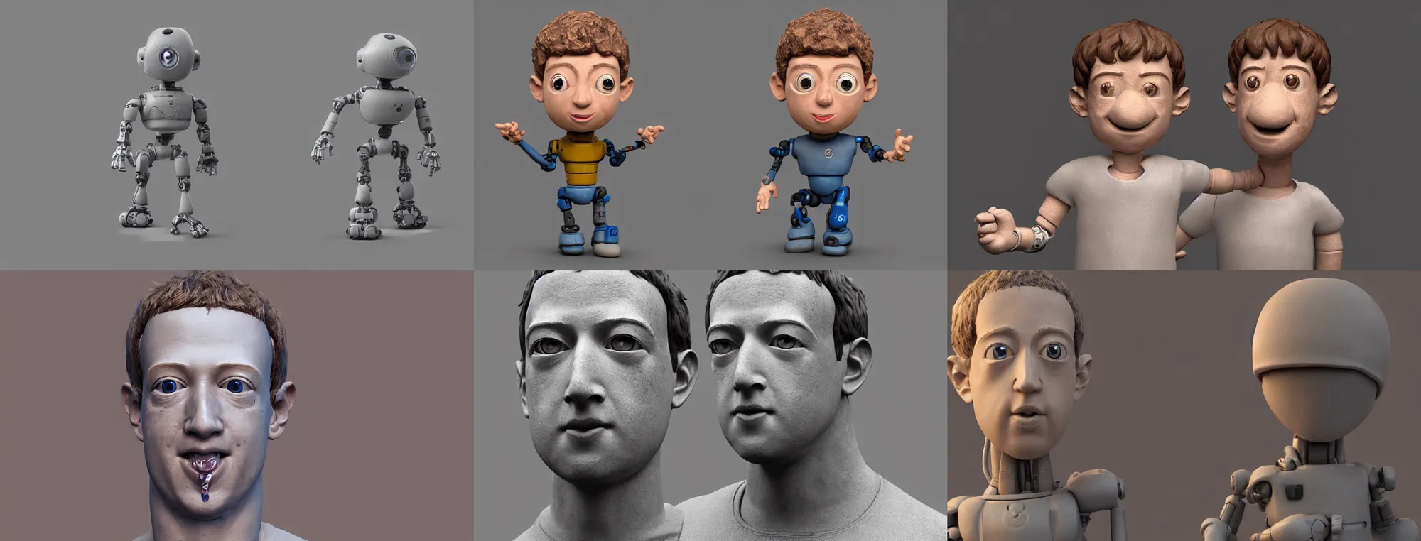 Prompt: Clay render of a cute robotic Mark Zuckerberg; trending on artstation, Octane render, Unreal Engine, highly detailed