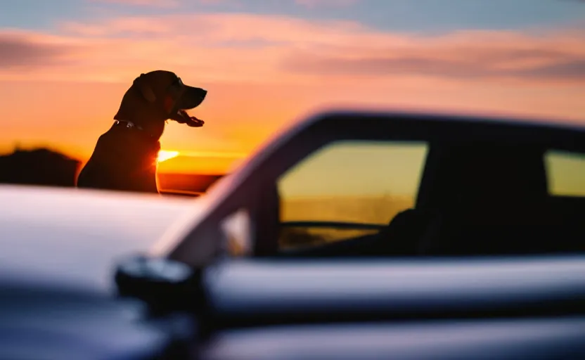 Image similar to a dog is looking out of a driving car window at sunset