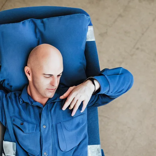 Prompt: photography of bald firefighter asleep in a blue reclining chair