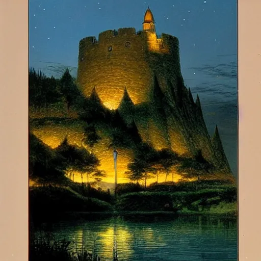 Image similar to fortress on a hill in a lake at night, Darrell k sweet