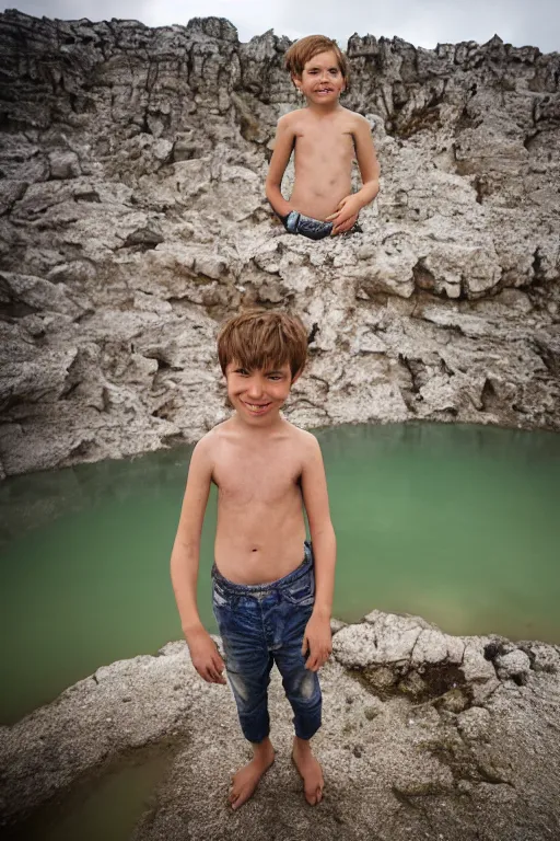 Image similar to photograph of a happy brown - haired swedish boy standing in an abandoned water - filled lime quarry. he spends his summer vacation in oland, sweden, he likes to swim in the lime quarry. happy childhood memories, beautiful emotional photograph, 4 k, magical qualities, photograph by anne geddes