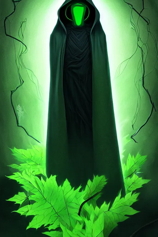 Prompt: A full body portrait of a ghost like character with no face, glowing eyes and a very long hooded dark green cloak made of leaves and vines art by Shaddy Safadi and Jason Chan, ominous, cosmic horror, trending on artstation, Ultra detailed, hyper realistic 4k