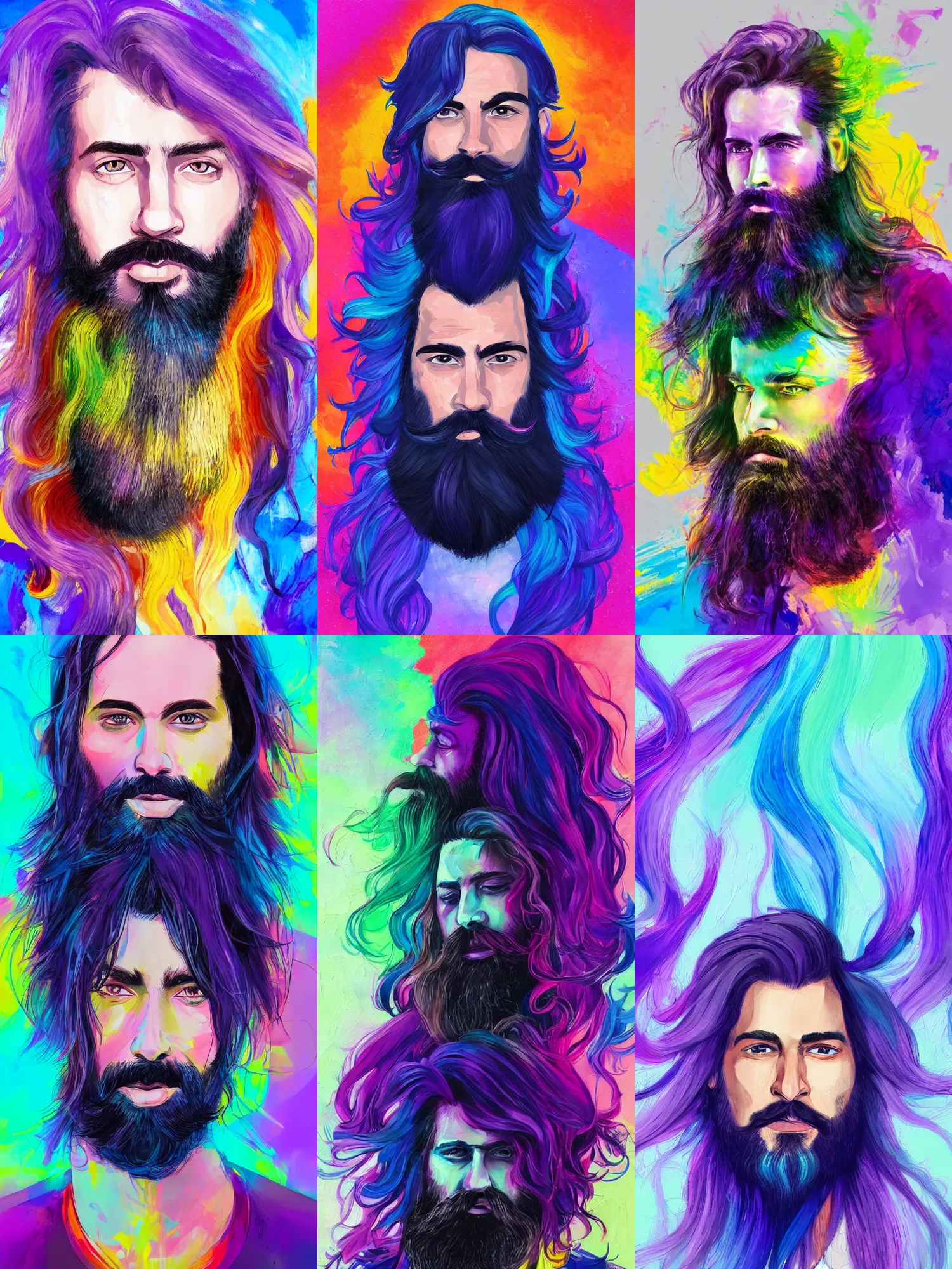 Prompt: vibrant painting of a man with long hair and a beard using purples and blue abstract, artstation