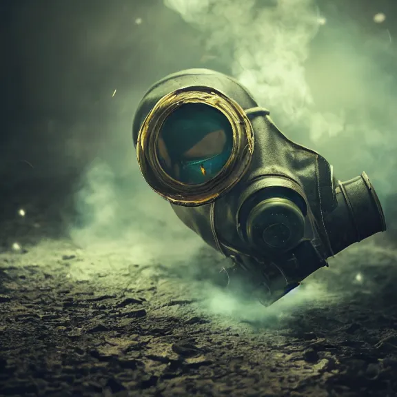 Image similar to fantasy gas mask, splash art, movie still, cinematic lighting, dramatic, octane render, long lens, shallow depth of field, bokeh, anamorphic lens flare, 8k, hyper detailed, 35mm film grain