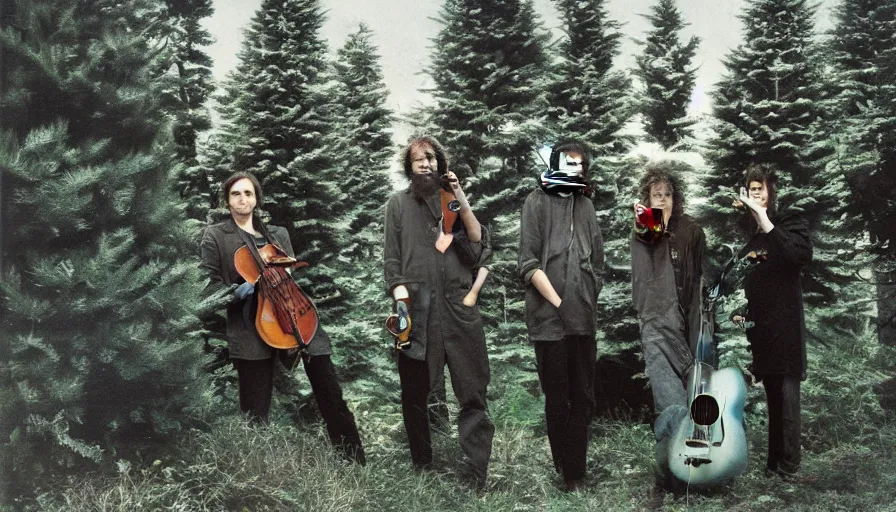 Prompt: A color photograph by Annie Leibovitz of a band of four experimental electronic musicians with their instruments standing in front of pine trees