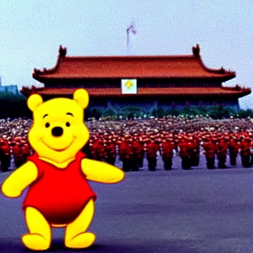 Prompt: grainy photo of winnie the pooh in tiananmen square, tanks
